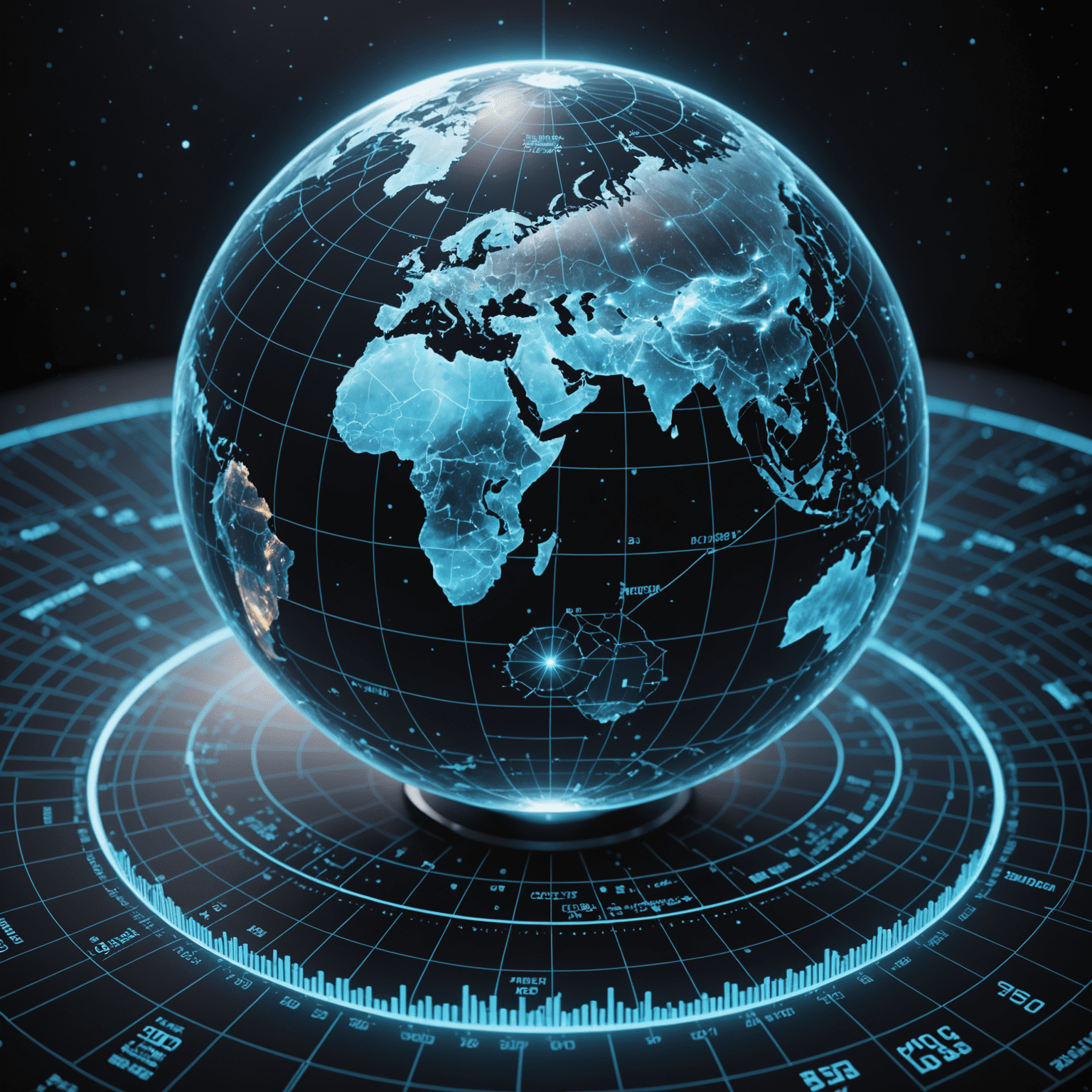 Egy fejlett AI rendszer vizualizációja, amely komplex éghajlati adatokat elemez. A képen látható egy holografikus földgömb, körülötte lebegő adatpontokkal és grafikonokkal, amelyek az éghajlati mintákat jelzik.